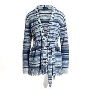 NWT Lauren Ralph Lauren Blue Striped Belted Linen-Cotton Cardigan Size Medium